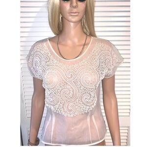 Vintage 1950s Sheer Ivory Beaded Blouse Small